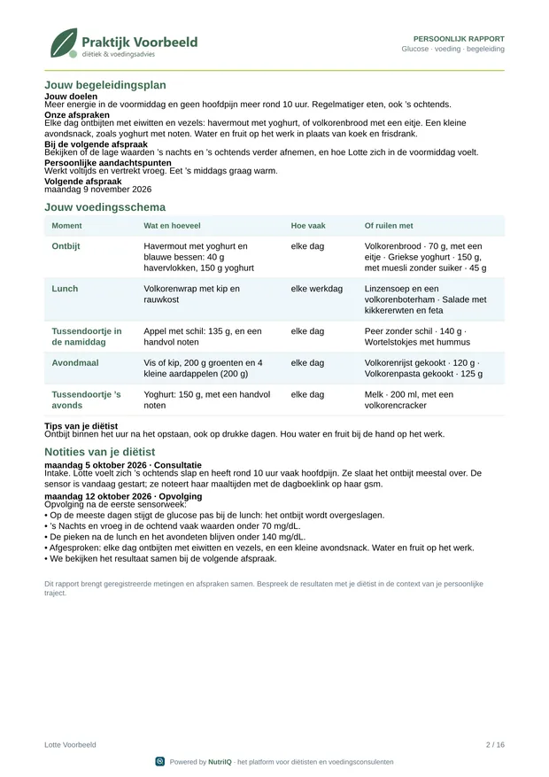 Het begeleidingsplan en het voedingsschema voor de patiënt in het voorbeeldrapport
